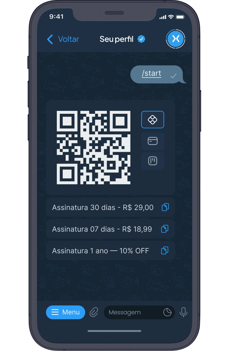 Ilustração de bot no Telegram com opções de assinatura